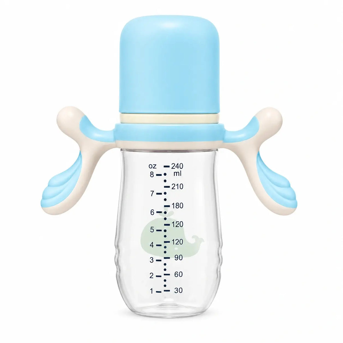 Blue 240ml baby feeding bottle with easy-grip handles and hygienic cap