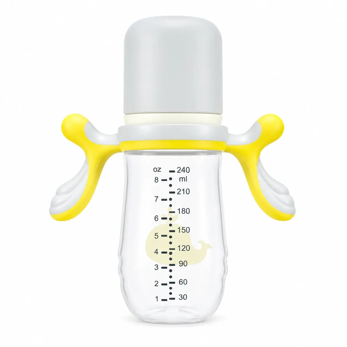 Yellow and grey 240ml baby feeding bottle with dual handles and protective cap