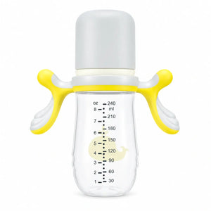 Yellow and grey 240ml baby feeding bottle with dual handles and protective cap