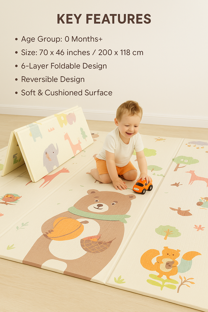 Soft and waterproof 6-layer baby play mat for 0 months+, foldable and reversible with colorful patterns, ideal for tummy time and crawling – buy online in Pakistan at BabifyStore.pk