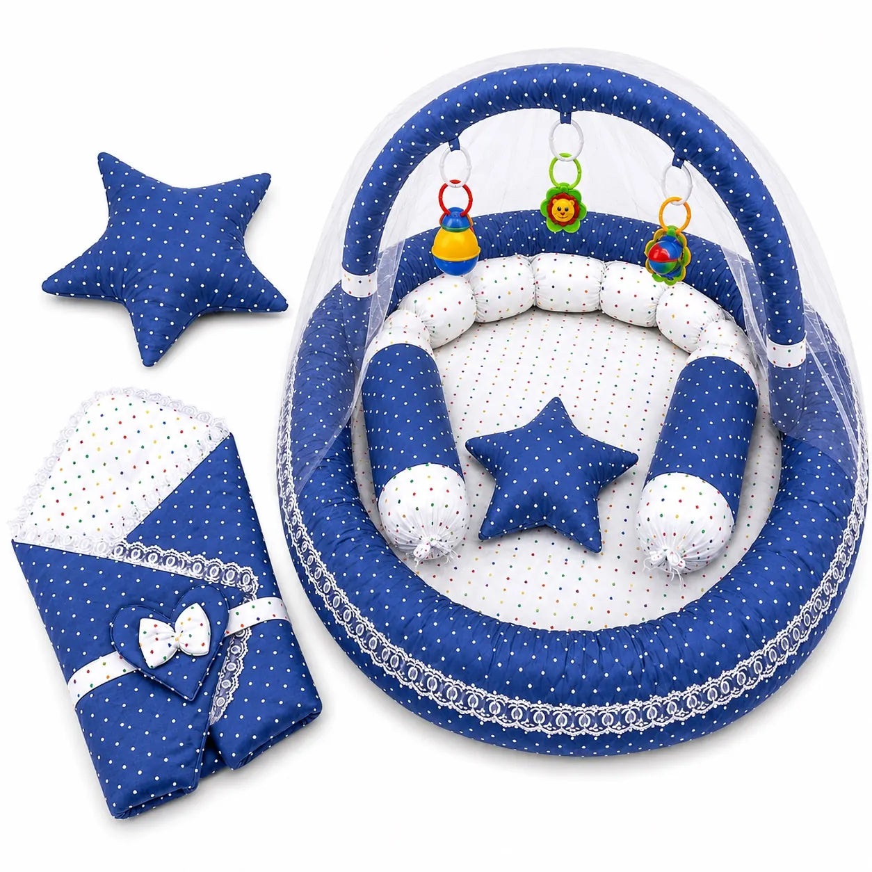 Blue Polka Dot Baby Snuggle Nest Set with Mosquito Net in Pakistan
