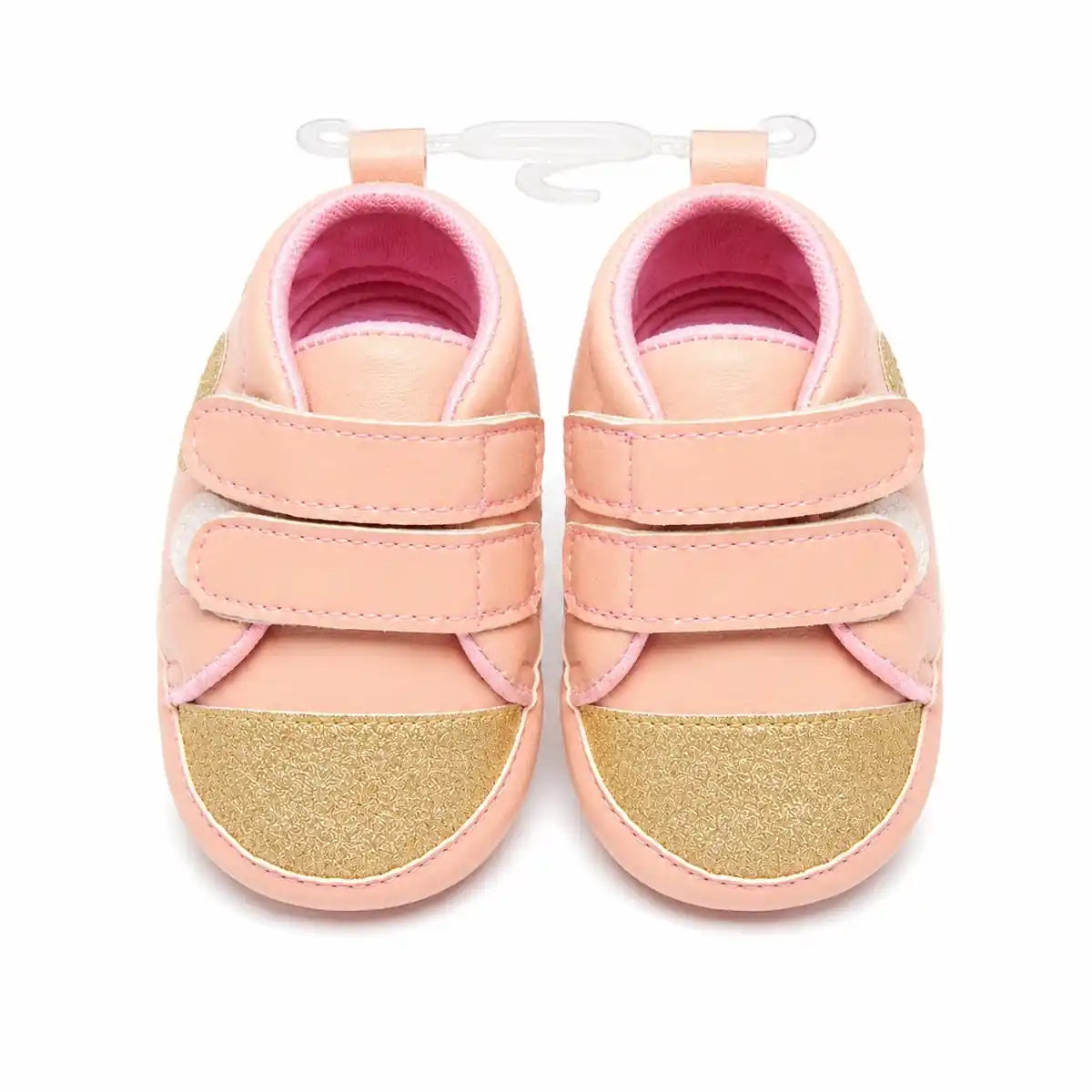 Peach gold baby soft sole first walker shoes with glitter toe and double strap closure – front view