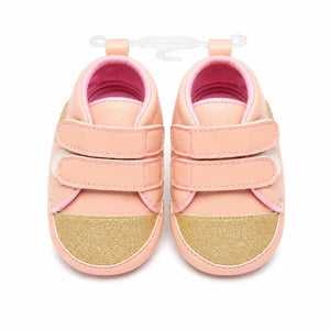 Peach gold baby soft sole first walker shoes with glitter toe and double strap closure – front view