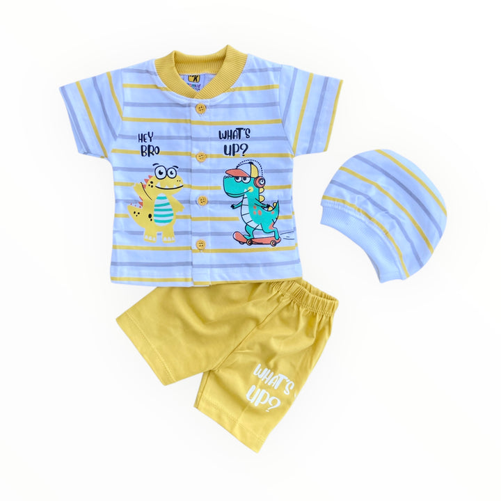 Soft cotton baby t-shirt, pajama, and cap set, offering comfort and warmth for newborns.