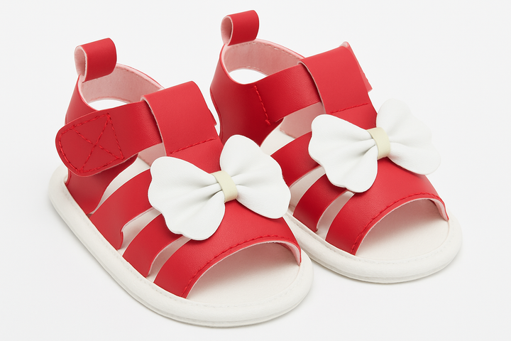 Baby Bow Sandals Soft Sole Red – Stylish Summer Shoes for Baby Girls 0–12 Months in Pakistan