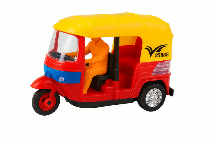 Colorful auto rickshaw toy with lights and driver figure 
