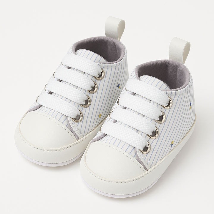 Stylish Soft Sole Baby Sneakers White Stripe Design – Infant Shoes 0–12 Months in Pakistan