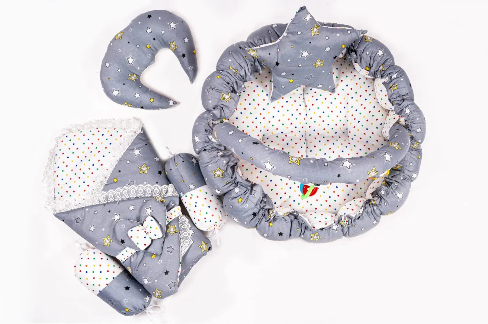 Grey Star Baby Snuggle Nest Bed Set with Pillows Top View in Pakistan