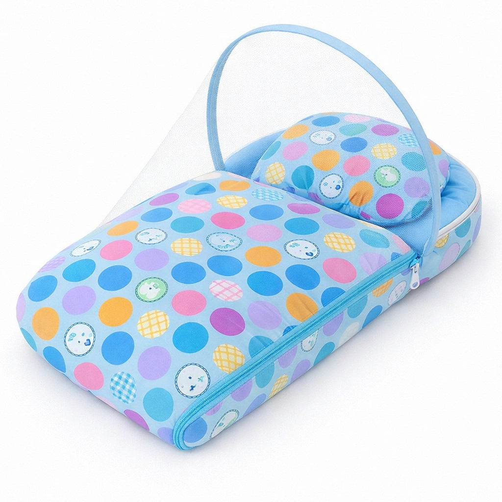 Baby Carry Nest with Mosquito Net – Blue Multicolor Polka Dot