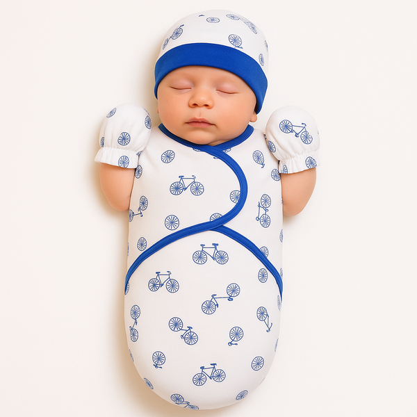 Baby swaddle with cap and mittens interlock cotton newborn wrap hearts cars design