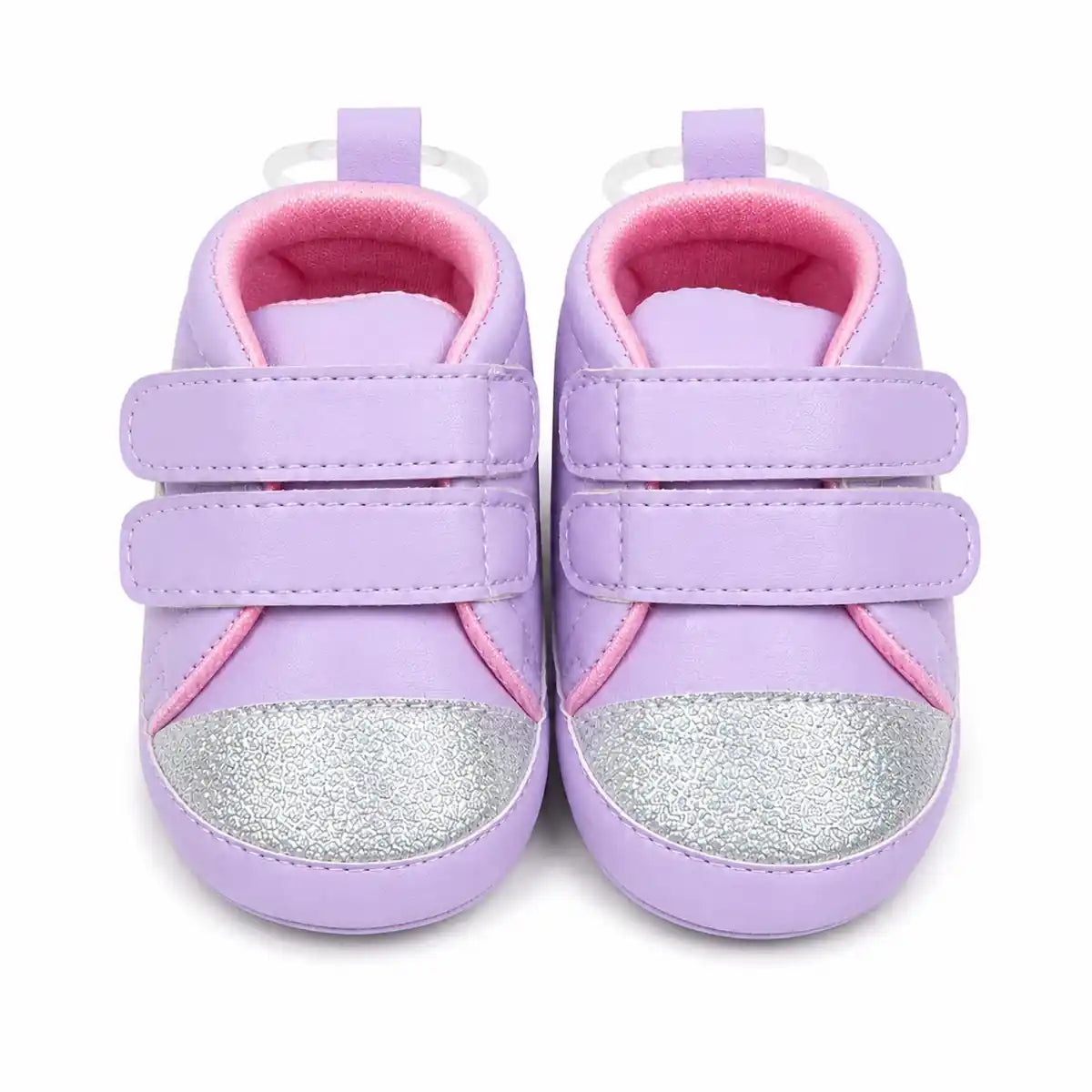 Lavender pink baby soft sole first walker shoes with silver glitter toe and double hook-and-loop straps – front view