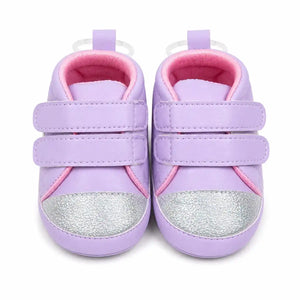 Lavender pink baby soft sole first walker shoes with silver glitter toe and double hook-and-loop straps – front view