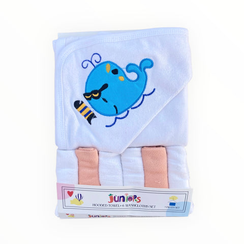 Soft and absorbent baby hooded bath towel with 6 washcloths, designed for newborns and infants.
