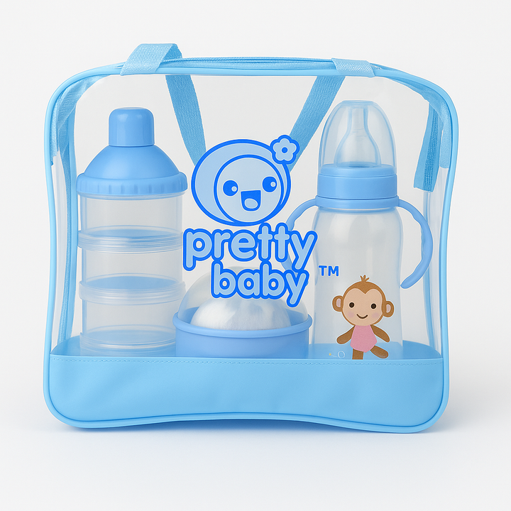 Pretty Baby 6-Piece Feeding Set Sky Blue – feeder, sipper, bowl, milk powder container & baby utensils – BabifyStore.pk