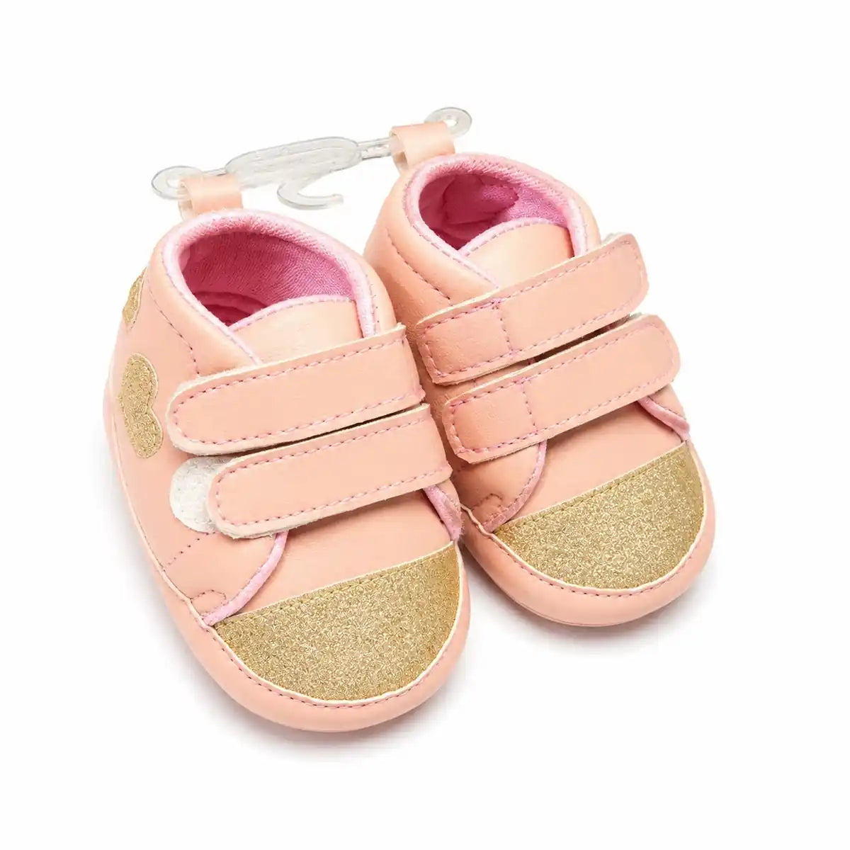 Peach gold baby girl first walker shoes with glitter toe cap and double hook and loop straps – angled view