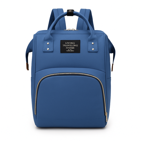 Blue baby diaper backpack with large front pocket and travel-style design