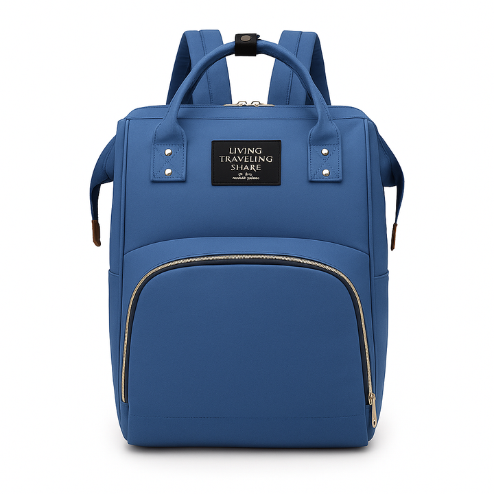 Blue baby diaper backpack with large front pocket and travel-style design
