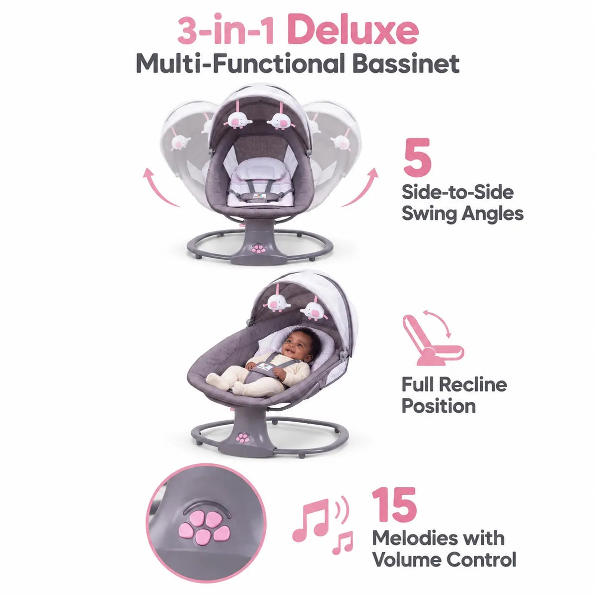 Mastela Baby Swing with 5 Swing Angles Full Recline & 15 Melodies