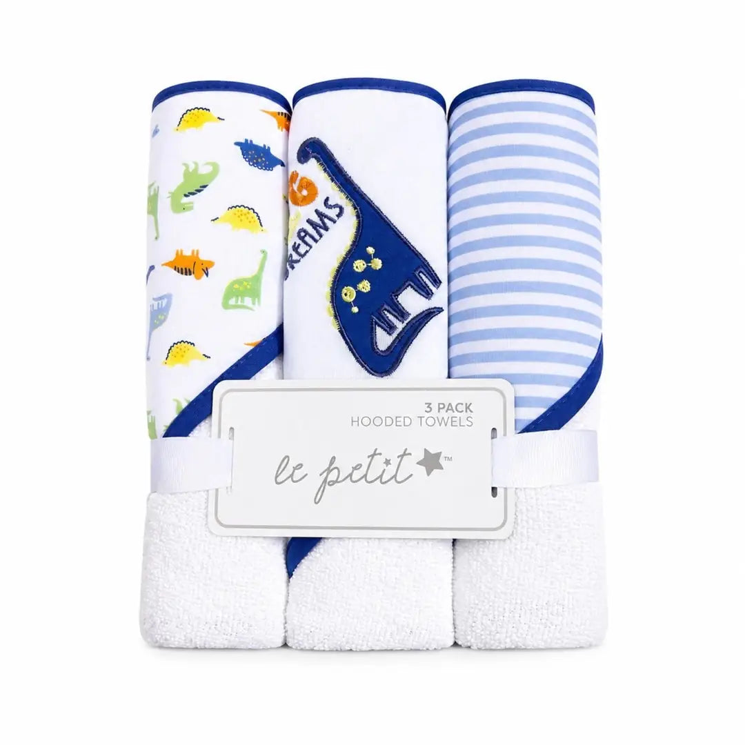 Pack of 3 baby hooded towels with blue dinosaur and striped designs