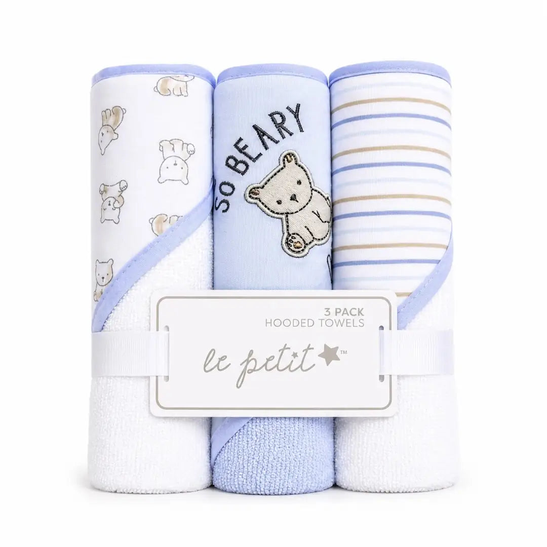 Pack of 3 baby hooded towels in blue and white with bear and stripe designs