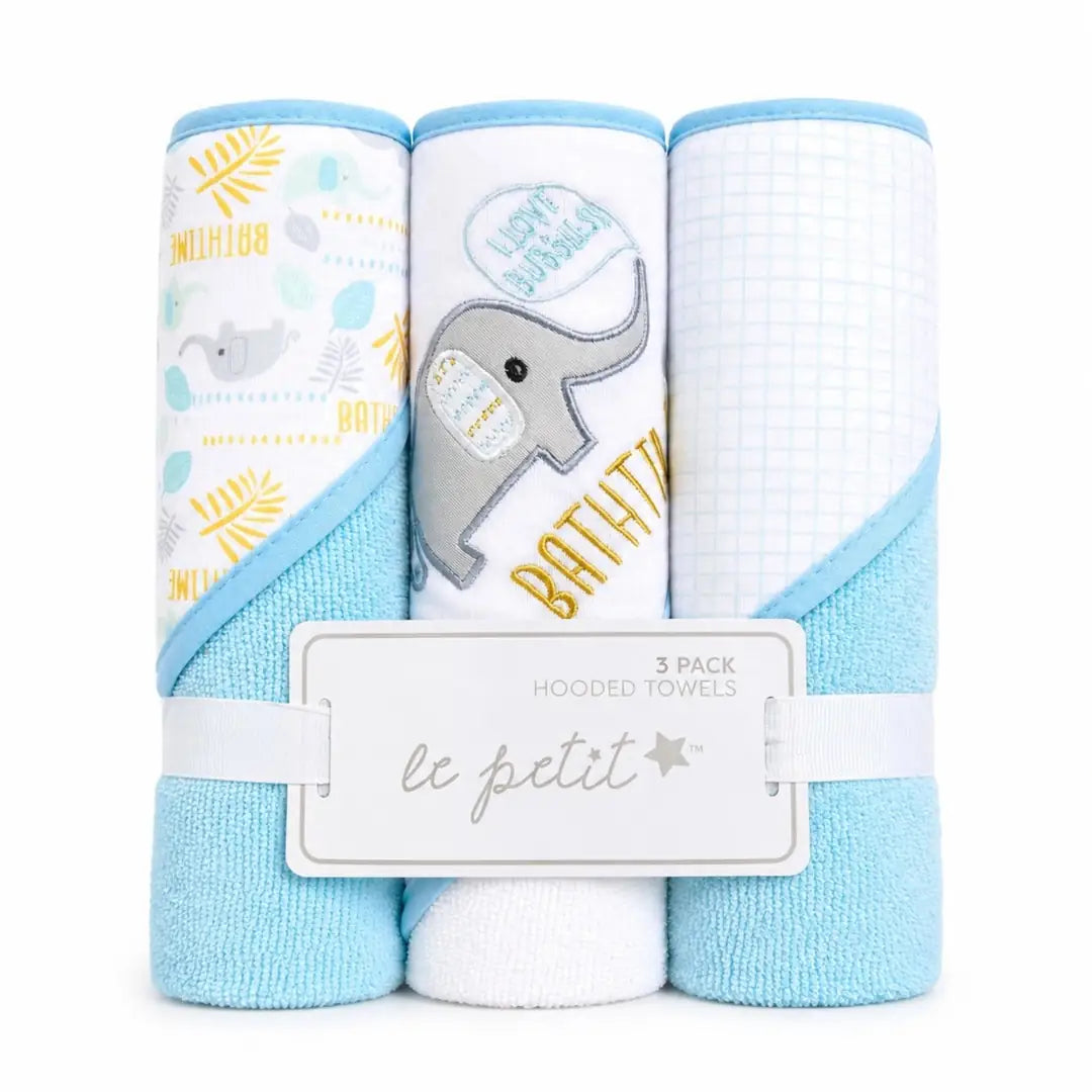 Pack of 3 baby hooded towels with blue elephant and check designs