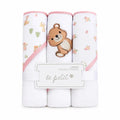 Pack of 3 baby hooded towels in white and pink with embroidered bear and floral designs 