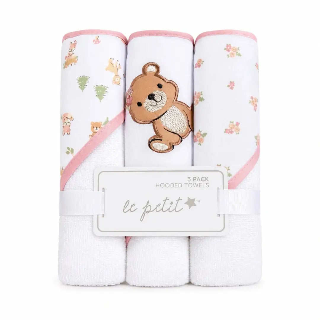 Pack of 3 baby hooded towels in white and pink with embroidered bear and floral designs 