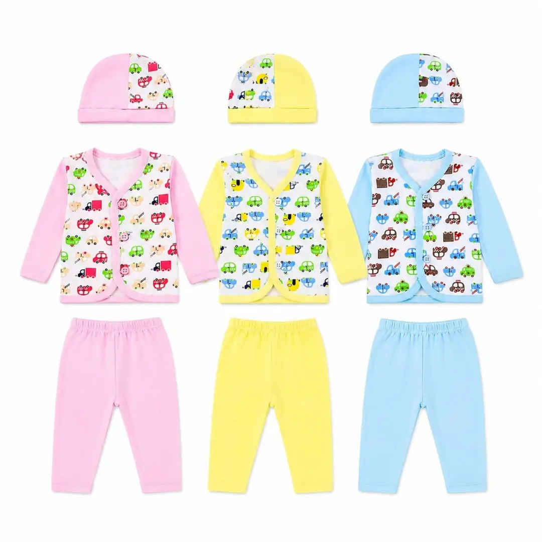 3 piece baby clothing set with car print shirt, cap and pajama in pink, yellow and blue colors