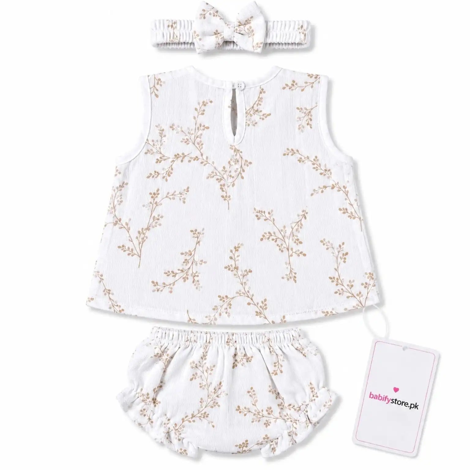 White floral baby girl muslin frock, bloomer and matching hairband set