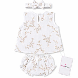 White floral baby girl muslin frock, bloomer and matching hairband set