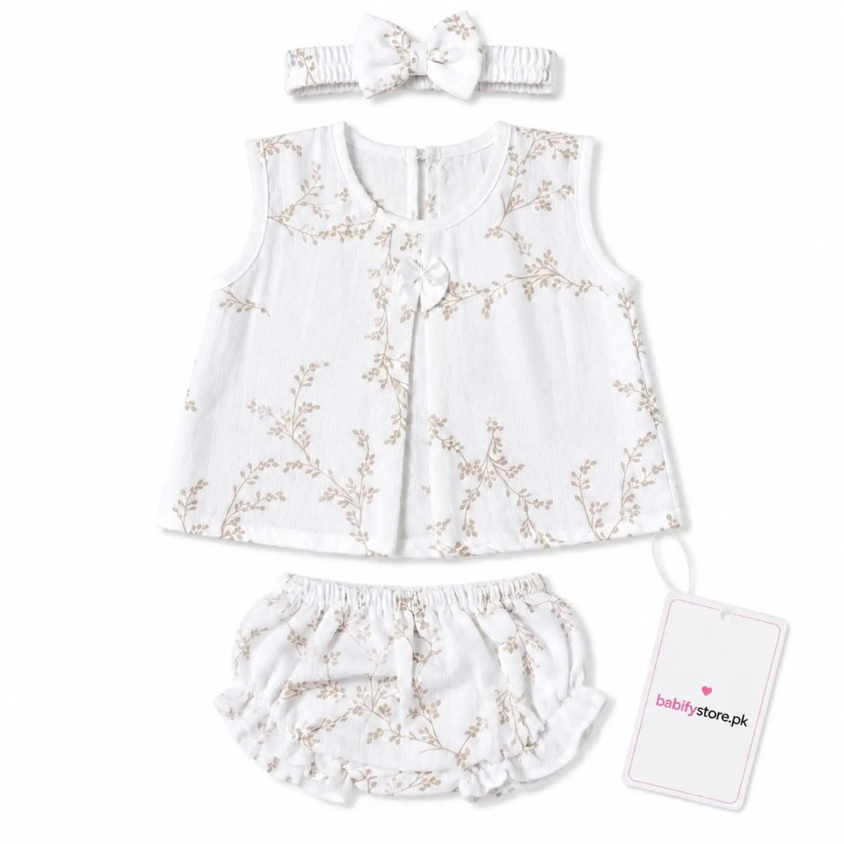 White floral baby girl muslin outfit set back view with bloomer and hairband
