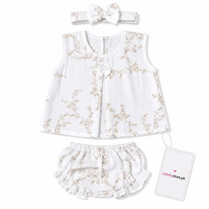 White floral baby girl muslin outfit set back view with bloomer and hairband