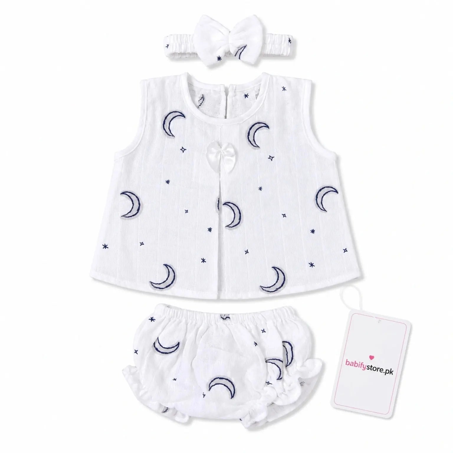 White baby girl muslin frock, bloomer and matching hairband set with blue moon print