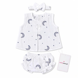 White baby girl muslin frock, bloomer and matching hairband set with blue moon print