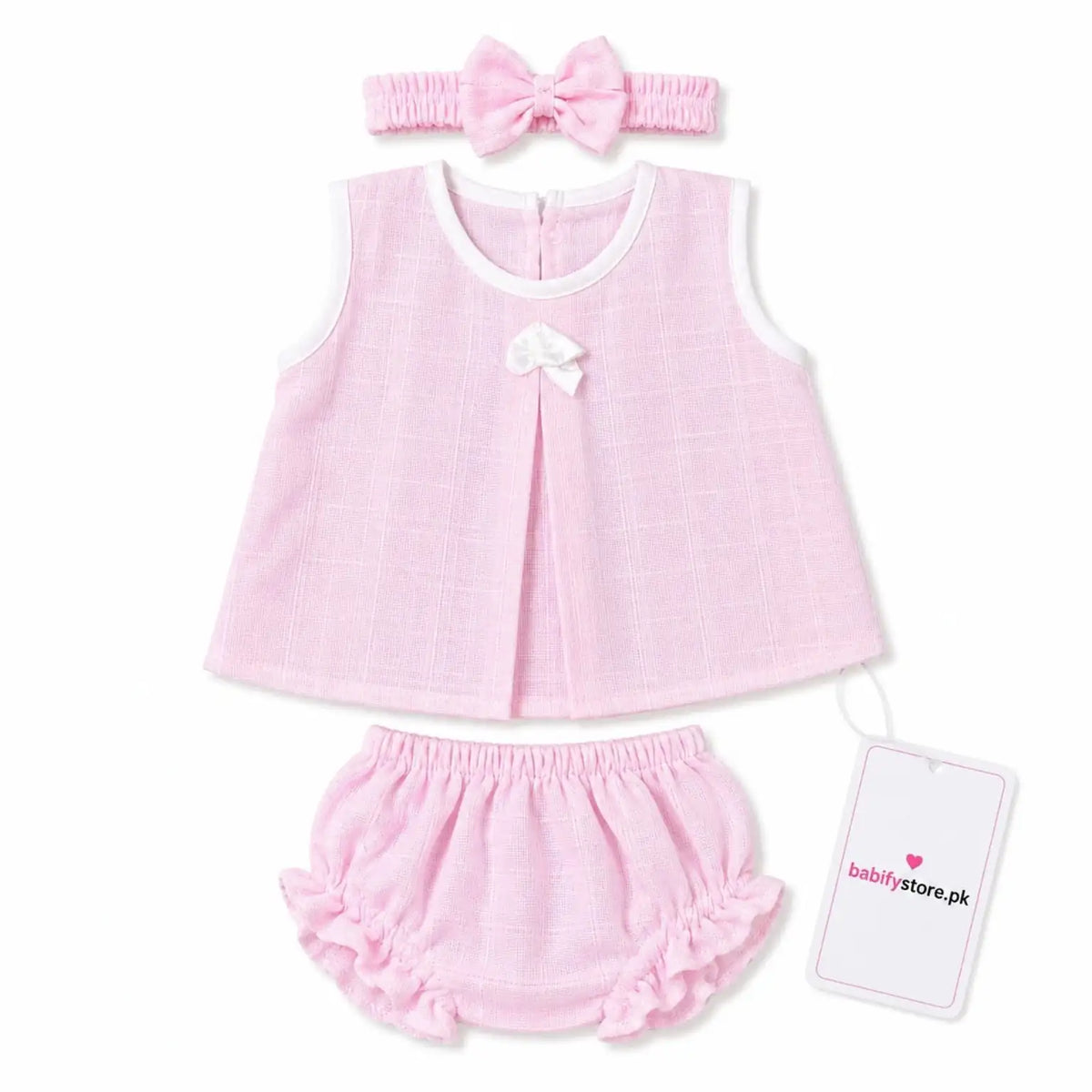 Pink baby girl muslin frock, bloomer and matching hairband set for 0–3 months