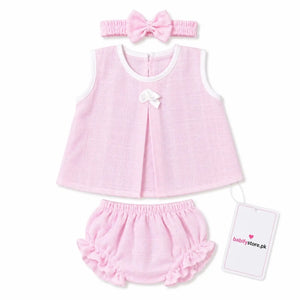 Pink baby girl muslin frock, bloomer and matching hairband set for 0–3 months