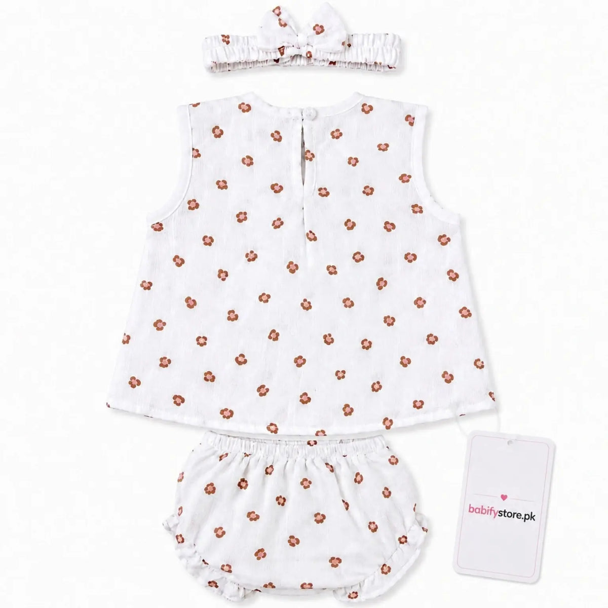 White baby girl muslin frock, bloomer and matching hairband set for 0–3 months