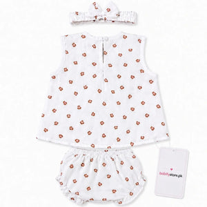 White baby girl muslin frock, bloomer and matching hairband set for 0–3 months