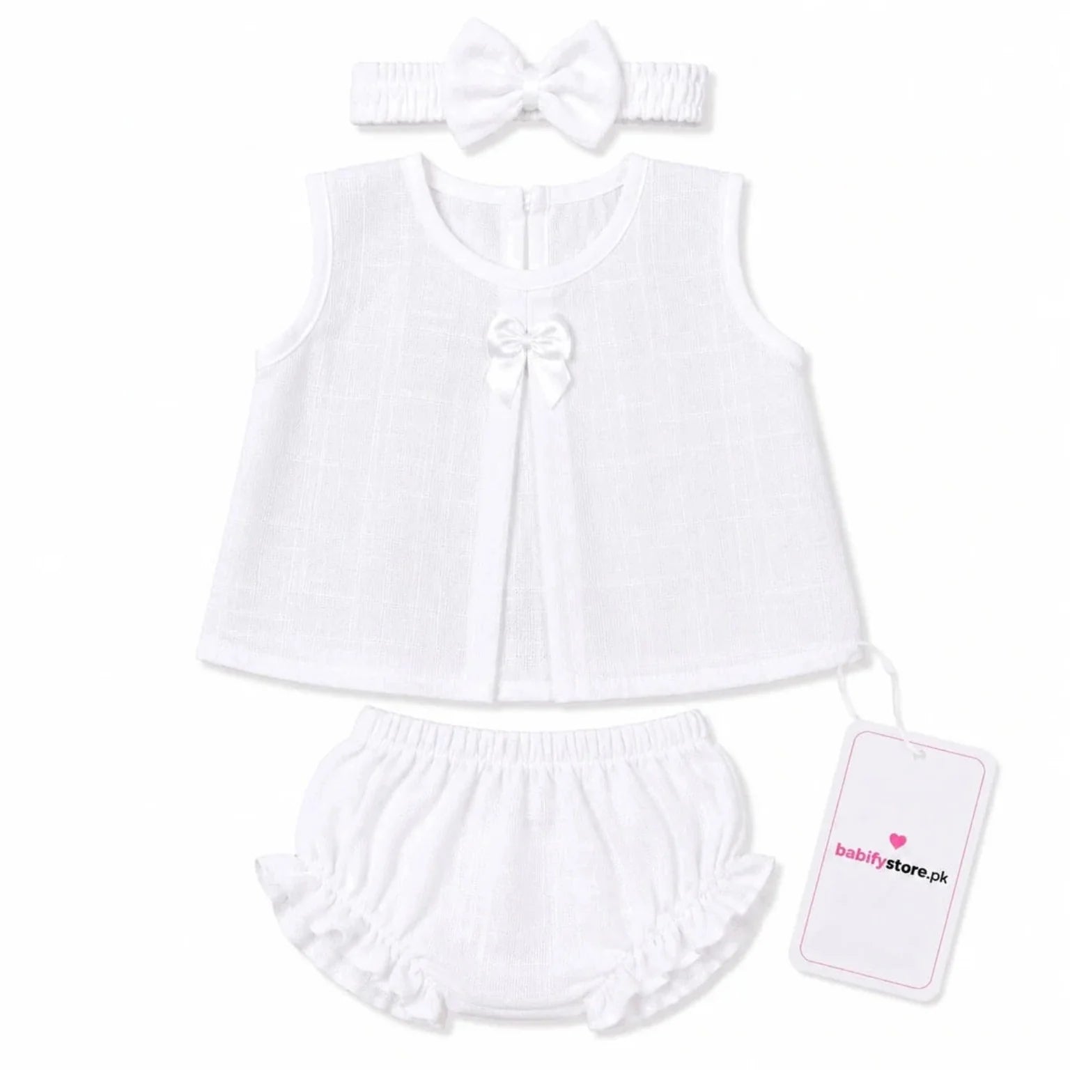 Plain white baby girl muslin frock, bloomer and matching hairband set for 0–3 months