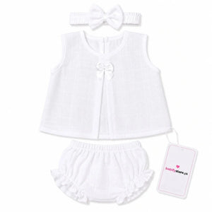 Plain white baby girl muslin frock, bloomer and matching hairband set for 0–3 months
