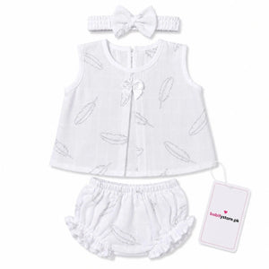 White baby girl muslin frock, bloomer and matching hairband set for 0–3 months
