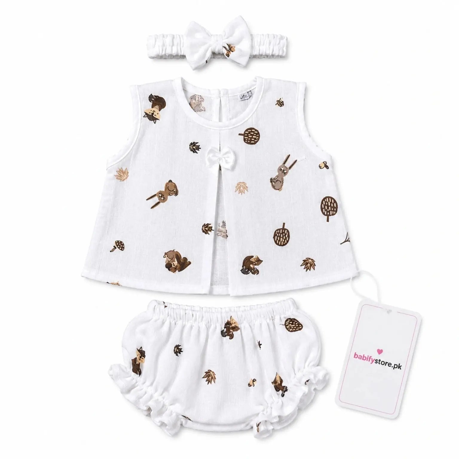 White baby girl muslin frock, bloomer and matching hairband set with brown animal print