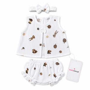 White baby girl muslin frock, bloomer and matching hairband set with brown animal print