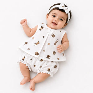 Baby girl wearing white muslin frock, matching bloomer and hairband with brown animal print