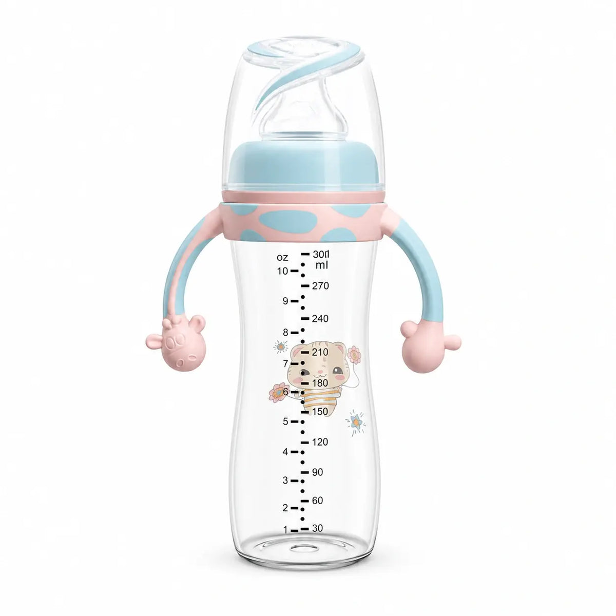 Blue and pink 300ml baby feeding bottle with dual handles and cat print
