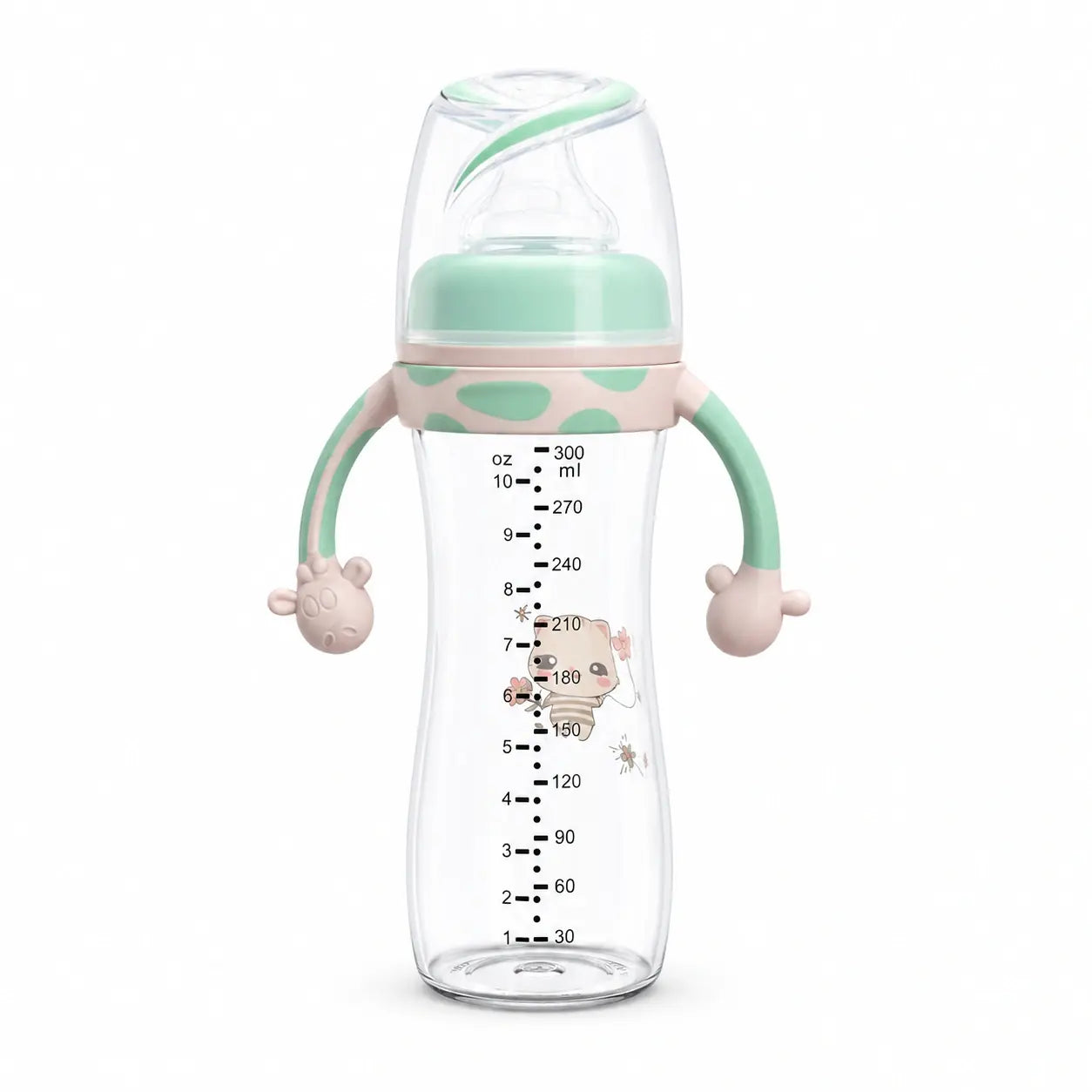 Mint green 300ml baby feeding bottle with cat print and measurement markings