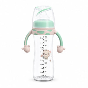Mint green 300ml baby feeding bottle with cat print and measurement markings