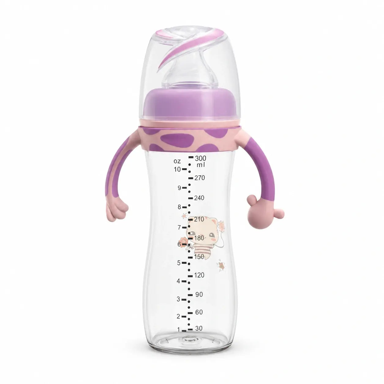 Purple 300ml baby feeding bottle with easy-grip handles and protective cap