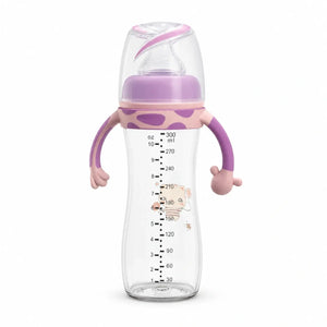 Purple 300ml baby feeding bottle with easy-grip handles and protective cap