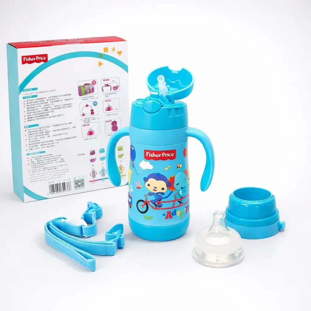 Blue 3 in 1 Baby Feeding Bottle Complete Set with Silicone Nipple Straw and Training Cup Accessories